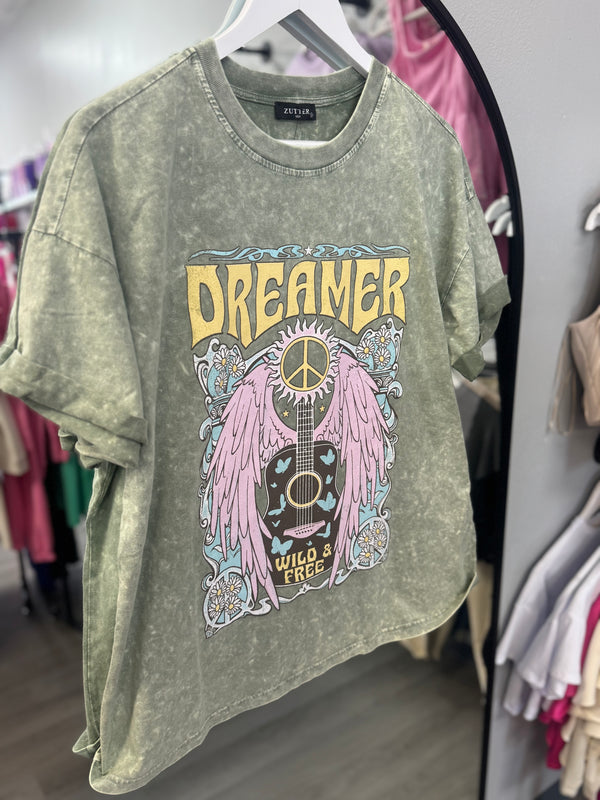 Dreamer Rock N Roll Olive Tee