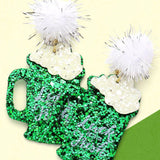 St. Patrick's Glittered Beer Dangle Pom Earrings