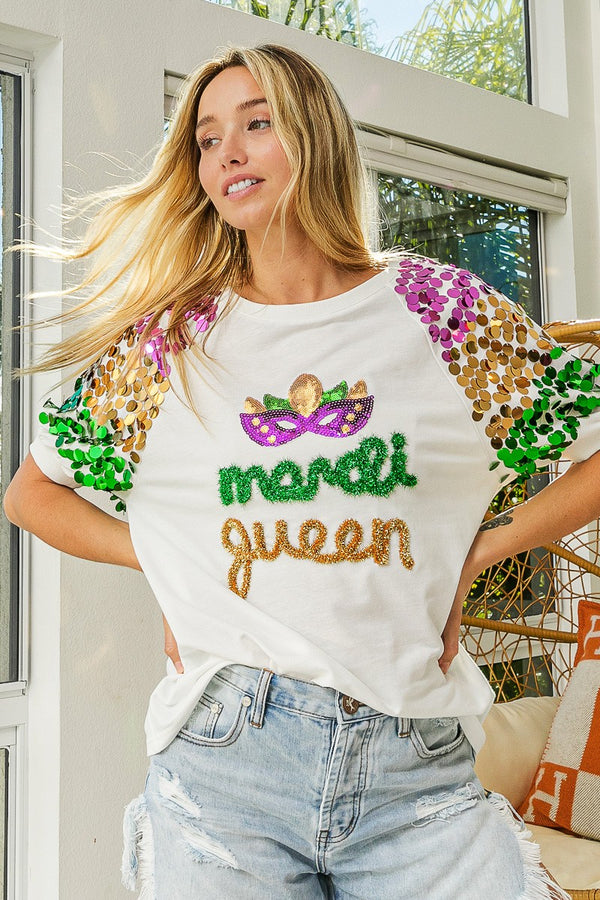 Throw Me Something Mrs. Tinsel Mardi Gras Pullover with Sequins