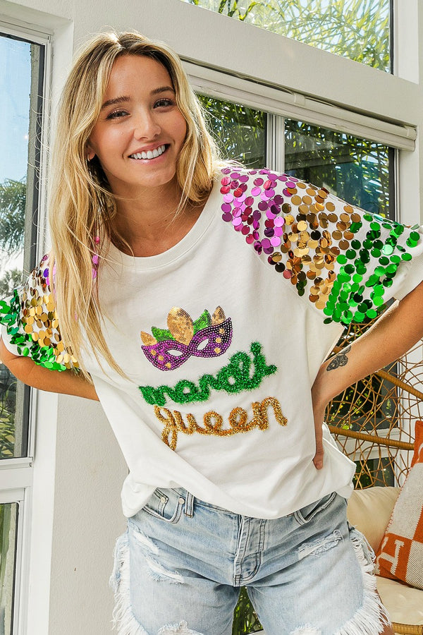 Throw Me Something Mrs. Tinsel Mardi Gras Pullover with Sequins