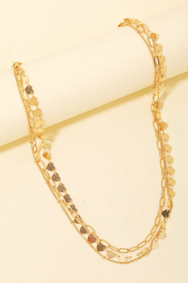 Flat Metallic Heart Chains Layered Necklace