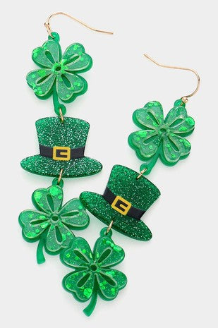 St Patrick's Day Acetate Clover Dropdown Earrings