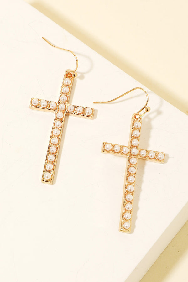 Pearl Studded Cross Dangle Earrings