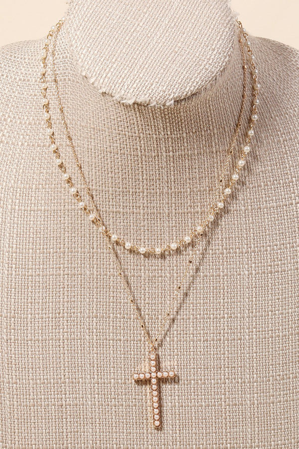 Pearl Chain And Cross Pendant Necklace