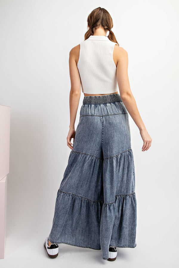 Mineral Washed Tiered Denim Pants