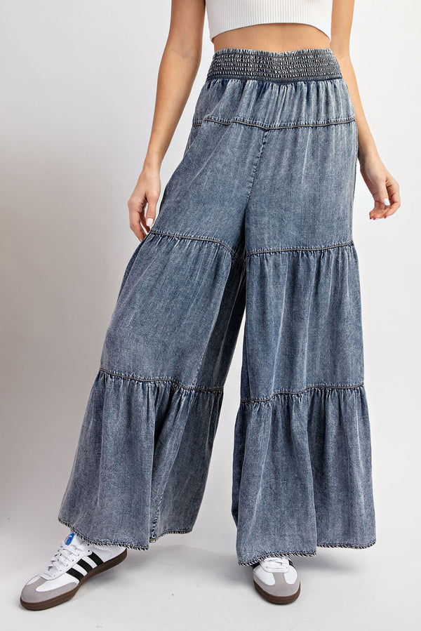 Mineral Washed Tiered Denim Pants