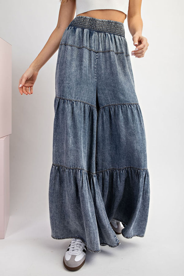 Mineral Washed Tiered Denim Pants