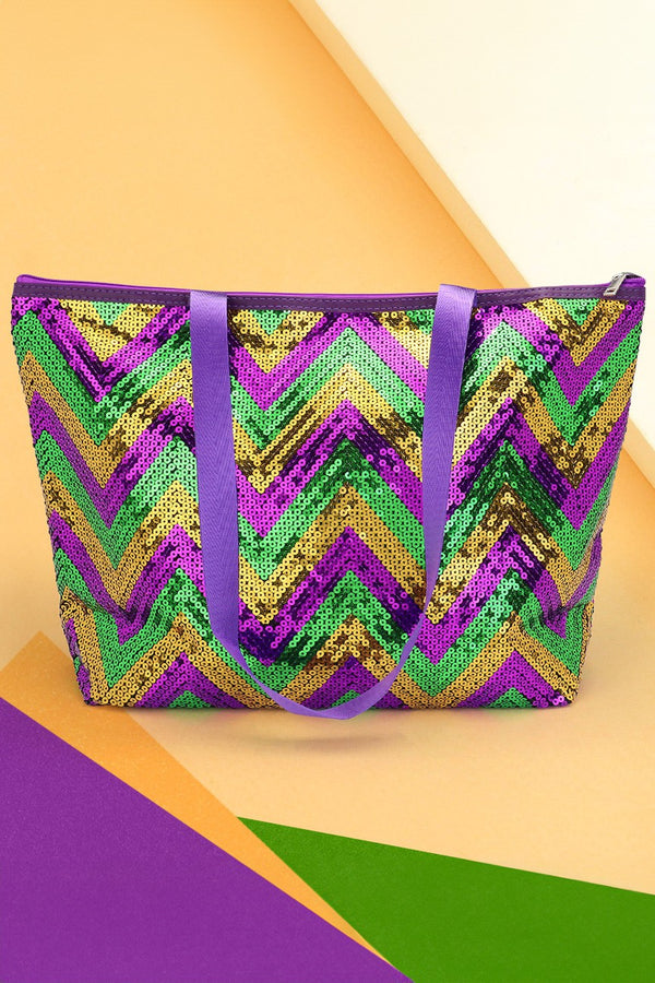 Mardi Gras Chevron Sequin Tote Shoulder Bag