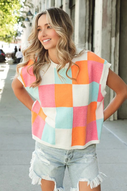 Spring Multicolor Checkered Sweater