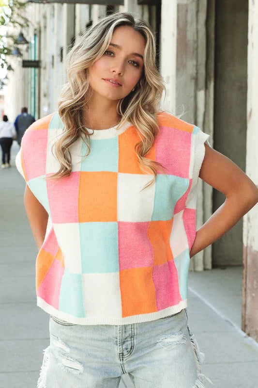 Spring Multicolor Checkered Sweater