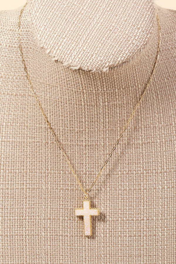 Druzy Stone Cross Pendant Necklace