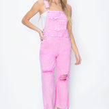 Baby Pink High Rise Distressed Straight Overalls