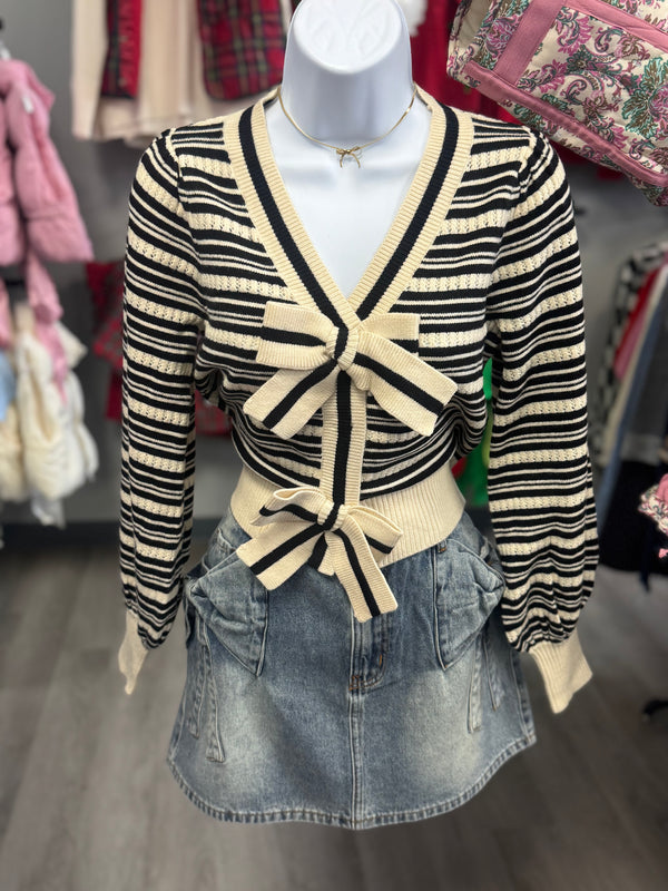 Bow Striped Sweater Cardigan