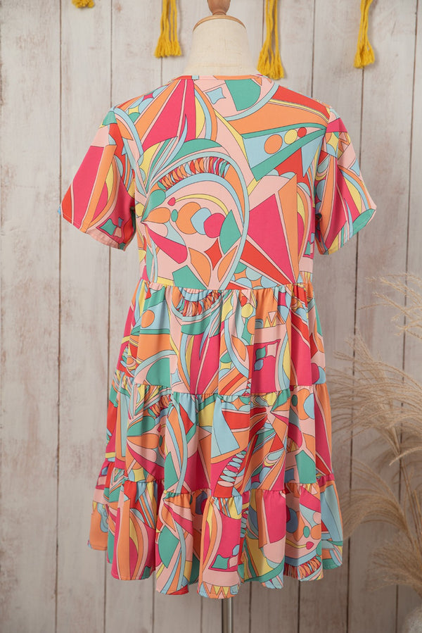 Abstract Geometric Print Tassel Tie Flared Dress - Coral