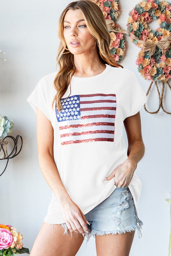 Ribbed American Flag Sequin Top