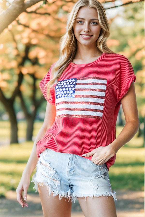 Ribbed American Flag Sequin Top