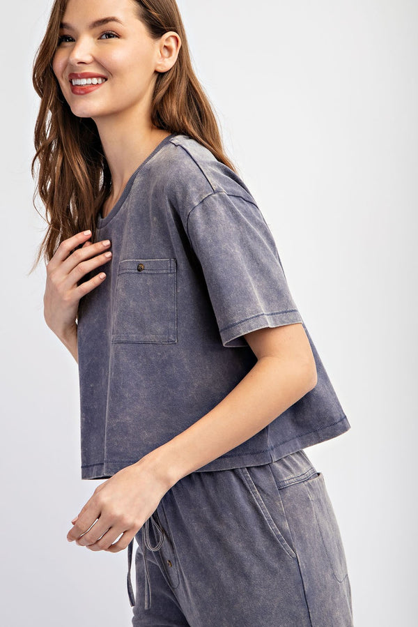 Denim Blue Mineral Wash Pocket Top