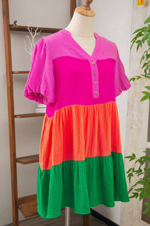 Color Block Tiered Puff Sleeve Dress