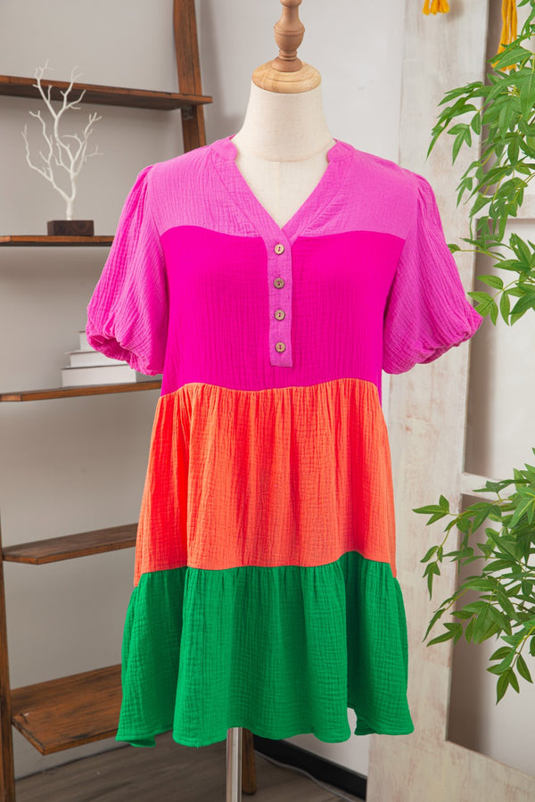 Color Block Tiered Puff Sleeve Dress