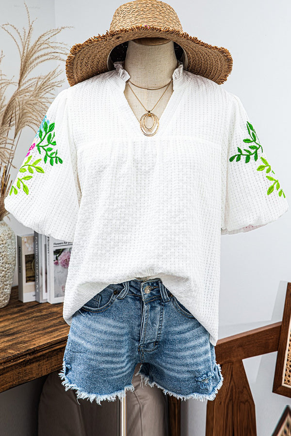 Floral Embroidered Puff Sleeve Notched Neck Blouse