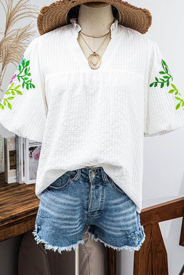 Floral Embroidered Puff Sleeve Notched Neck Blouse