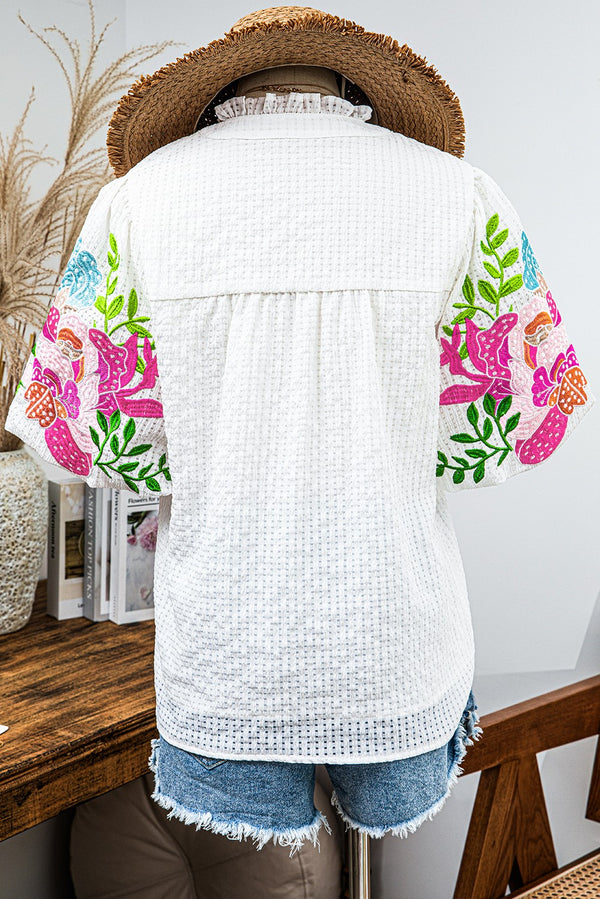 Floral Embroidered Puff Sleeve Notched Neck Blouse