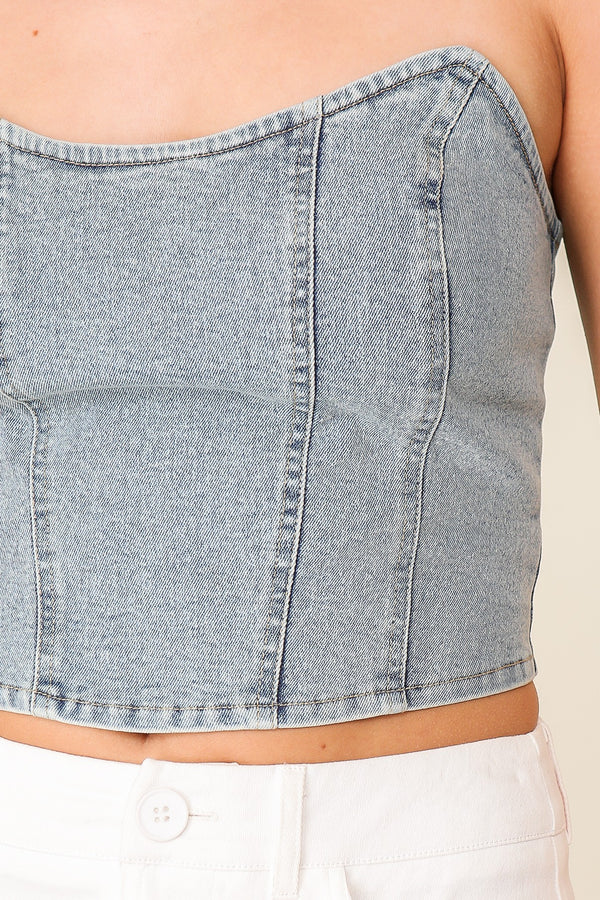 Light Denim Scoop Neck Strapless Top