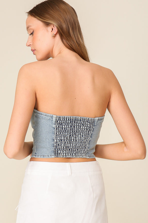 Light Denim Scoop Neck Strapless Top