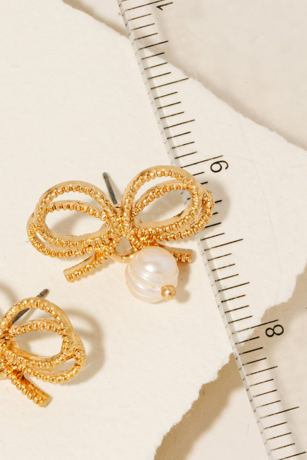 Pearl Charm Ribbon Bow Stud Earrings