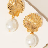 Clam And Pearl Dangle Stud Earrings