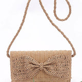 Faux Straw Handmade Bow Ribbon Flap Clutch Bag