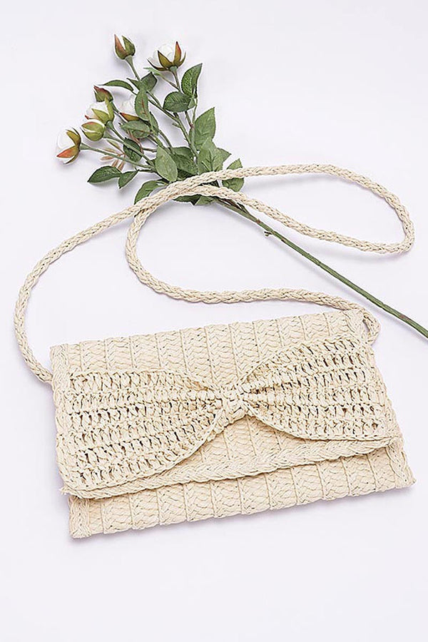 Faux Straw Handmade Bow Ribbon Flap Clutch Bag