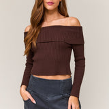 Time for Me To Go Off Shoulder Bow Back Ribbed Sweater