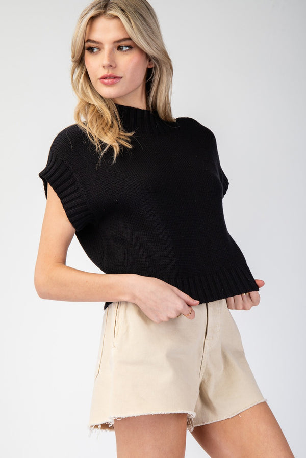 Black Mock Neck Cropped Short Sleeve Sweater Top