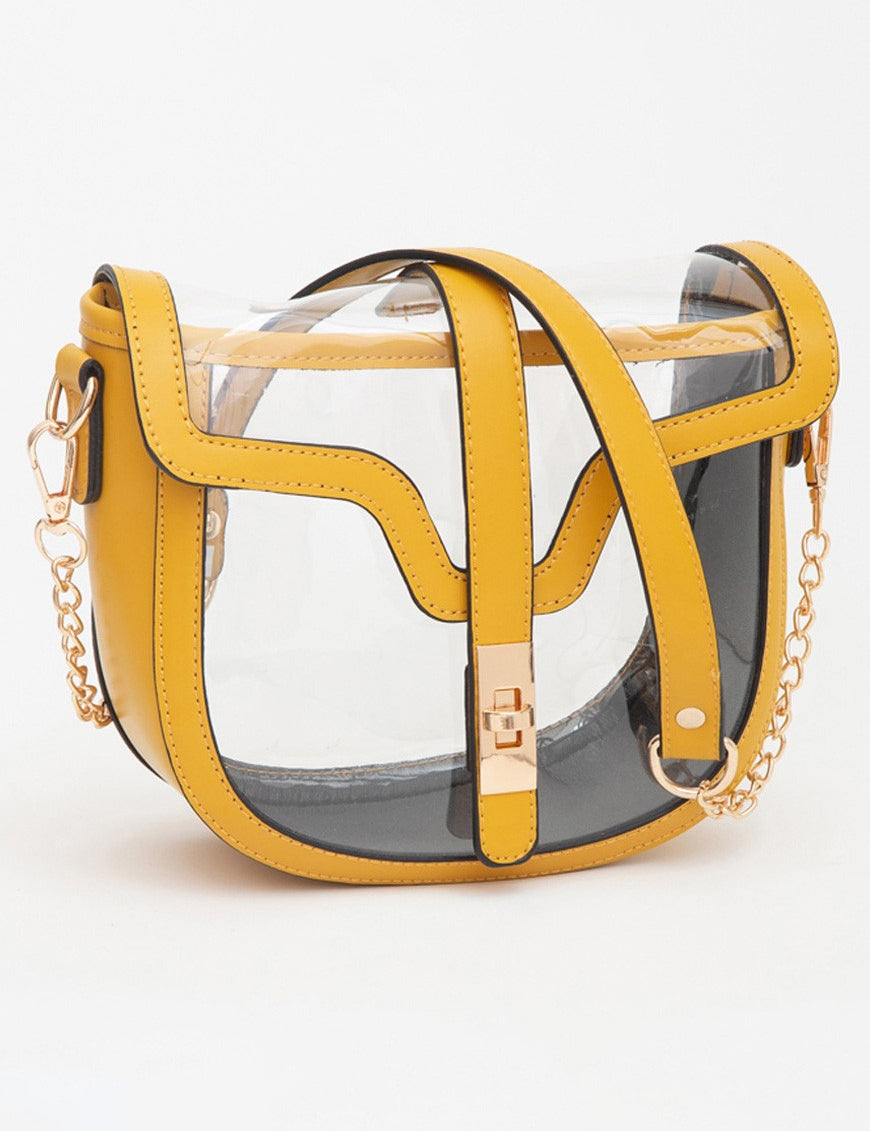Clear Bag With Vegan Leather Trim Featuring Twist Lock Buckle Closure