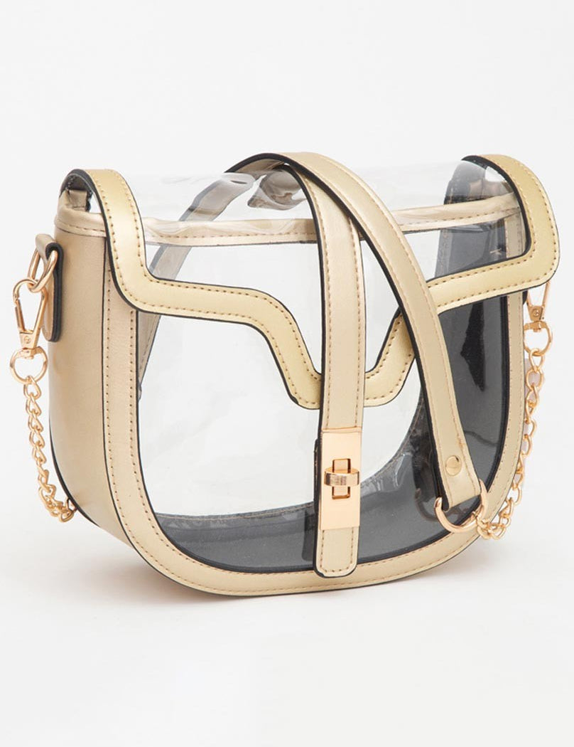 Clear Bag With Vegan Leather Trim Featuring Twist Lock Buckle Closure