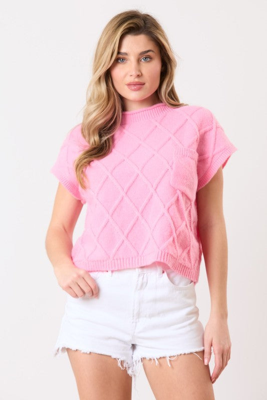 Pink Diamond Pattern Short Sleeve Pocket Detail Sweater