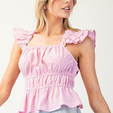 Pink and White Tank Striped Ruffle Cinch Blouse