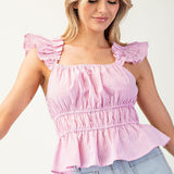 Pink and White Tank Striped Ruffle Cinch Blouse