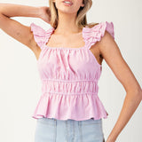 Pink and White Tank Striped Ruffle Cinch Blouse