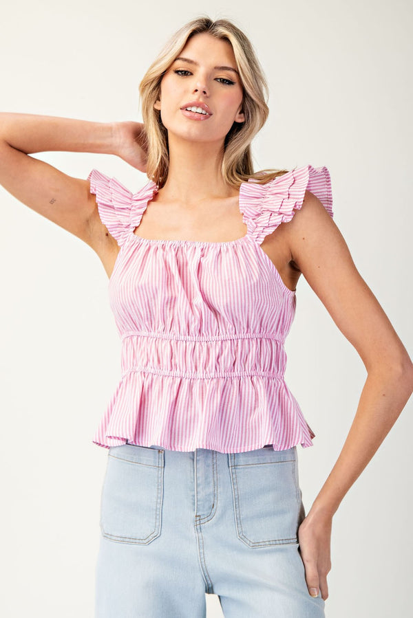 Pink and White Tank Striped Ruffle Cinch Blouse
