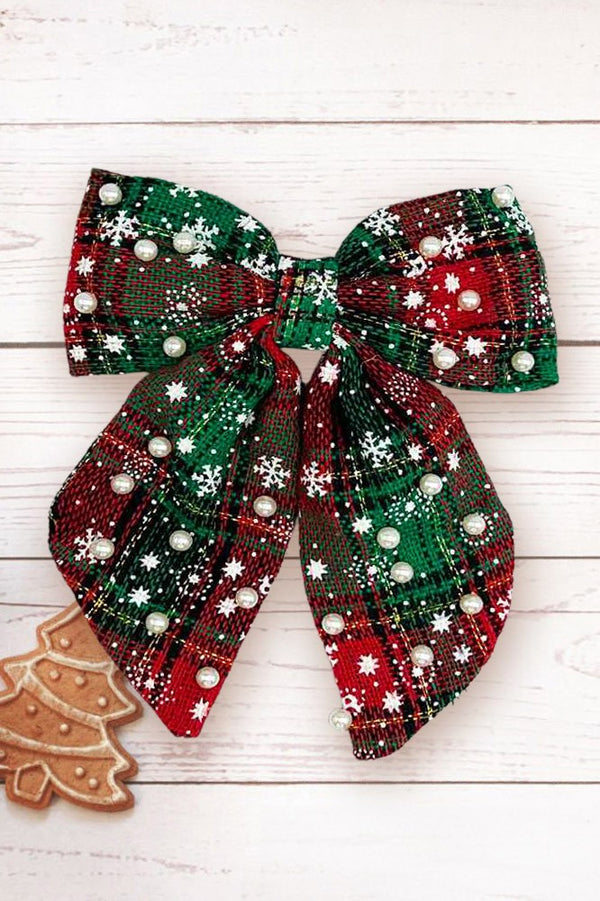 Pearl Snowflake Checkered Christmas Bow Barrette