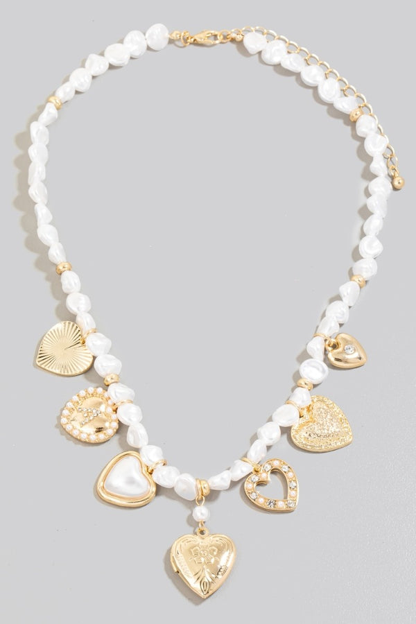 Pearl Beaded Heart Charms Chain Necklace