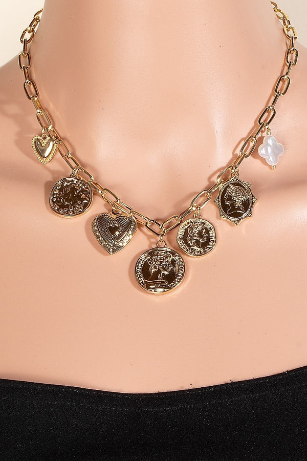 Pearl Heart and Coin Charm Necklace