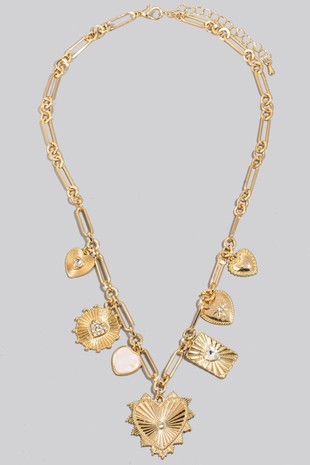 Mixed Studded Metallic Heart Charms Necklace