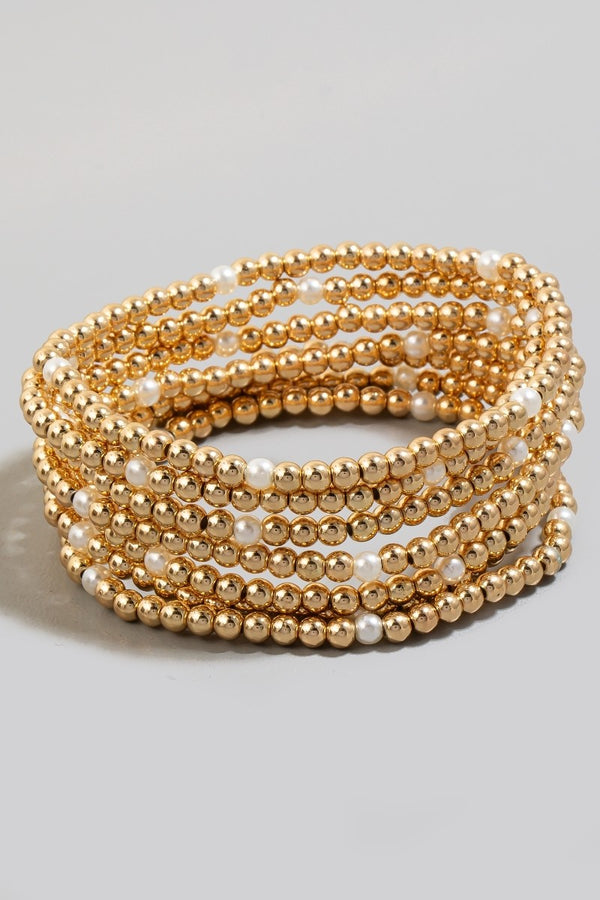 7Pc Pearl And Metallic Beaded Bracelet Set