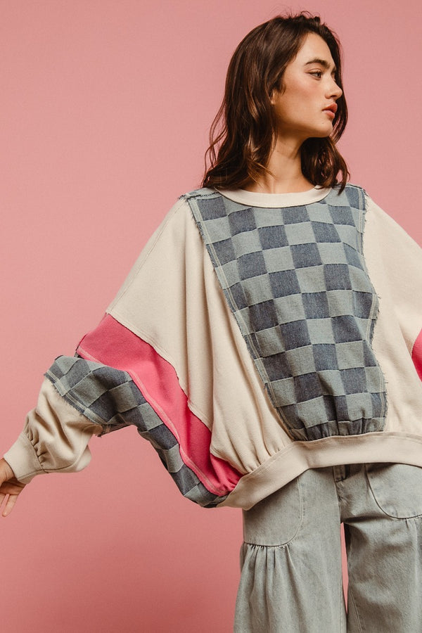 Catching Eyes Checkered Denim and Pink Pullover