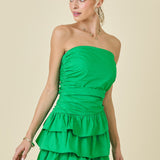 Green Strapless Ruched Tiered Ruffle Mini Dress