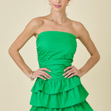 Green Strapless Ruched Tiered Ruffle Mini Dress