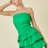 Green Strapless Ruched Tiered Ruffle Mini Dress